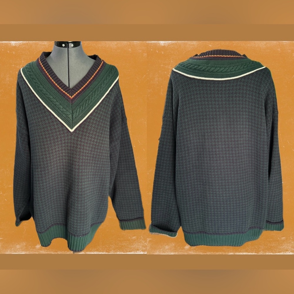 VTG RUGGER By GANT Cotton Men’s V-neck  Sweater Green Blue Houndstooth | Size XL